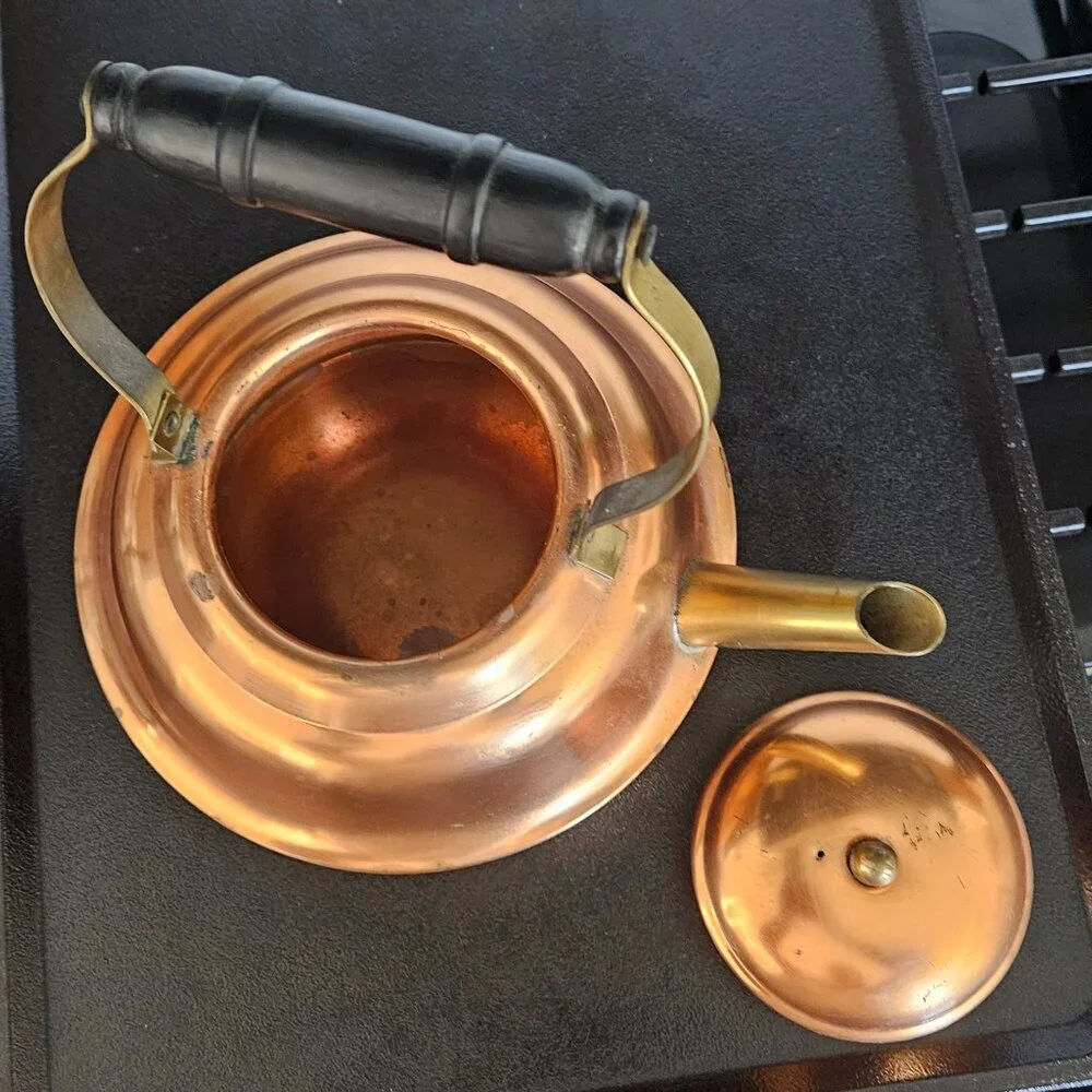 Coppercraft Guild Copper Tea Kettle w/Wrought Iron Warming Stand, vintage 70s